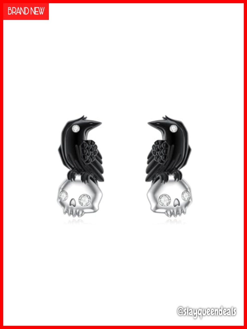Sterling Silver Skull Raven Stud Earrings Lab Grown Diamond Gothic